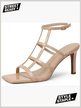 Strappy Heels 3 Inch Stilettos Slingback Square Open Toe Patent Leather Party